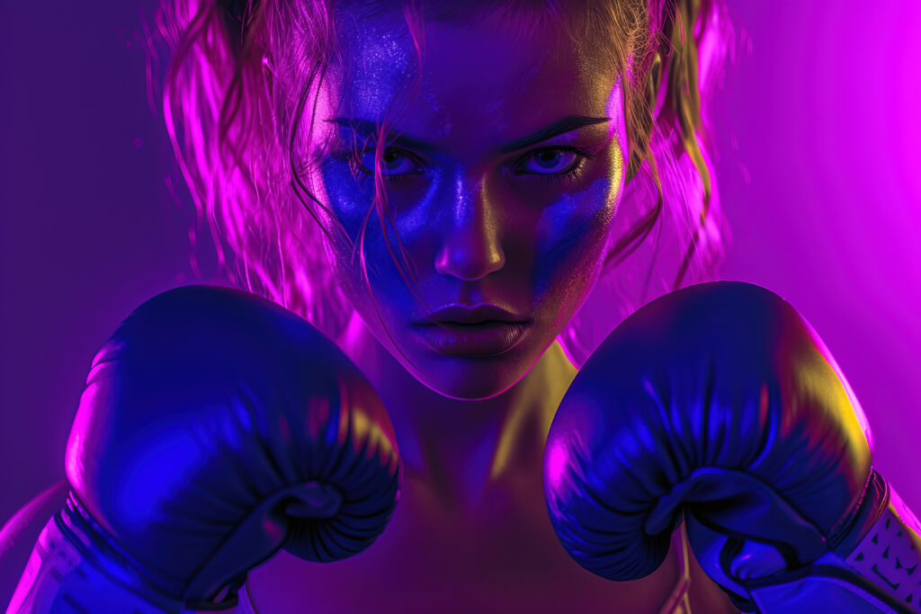 View woman with purple boxing gloves womens day celebration
