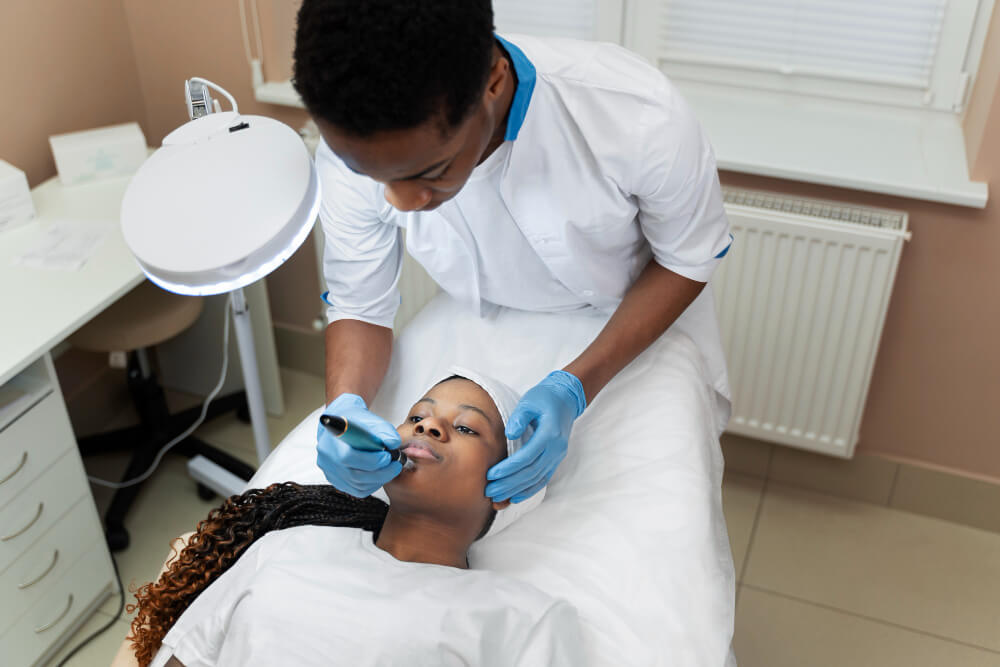 A dermatologist examining a patient’s red, inflamed skin with medical tools in a clean clinical setting.