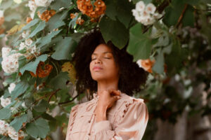 serene lifestyle image of a person with clear skin in natural light